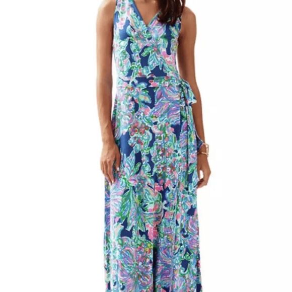EUC Lilly Pulitzer Delfina Sleeveless Jersey Maxi Dress Exotic Escapade Sz SMALL - Picture 2 of 5